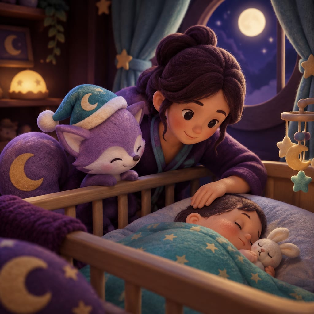 A tired but calm parent sits in a rocking chair in a softly lit nursery, glancing at a clock while listening for their baby.