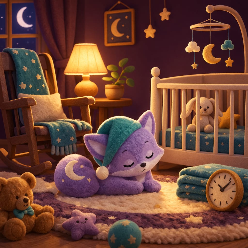 A digital clock glows softly on a nightstand beside a small night light in a quiet, dark bedroom.
