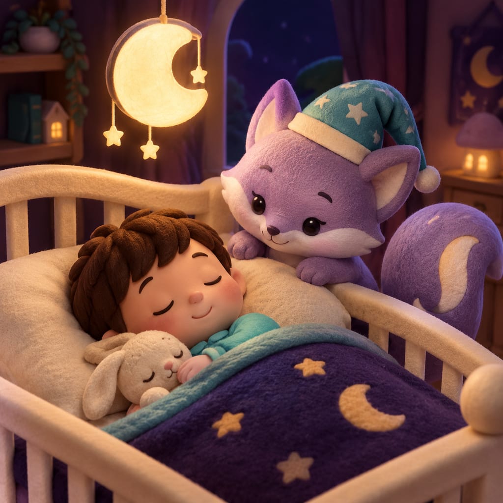 A gentle lavender fox in a nightcap watches over a sleeping baby in a crib under a soft glowing moon lantern.
