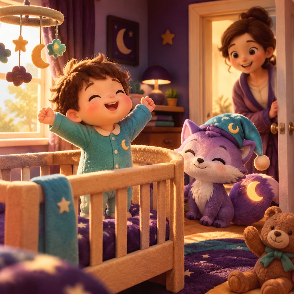 A small child in pajamas sleeps peacefully in bed while Loo the fox rests beside a starry window.