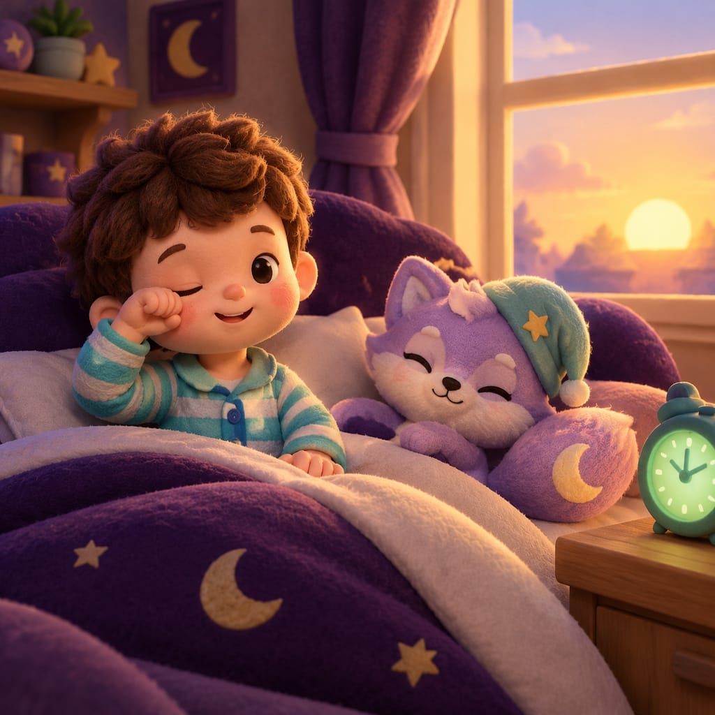 Niño pequeño en pijama espera en su cama mientras el mejor reloj de despertar brilla en verde al amanecer, con Loo, el zorro lavanda, junto a la cama.