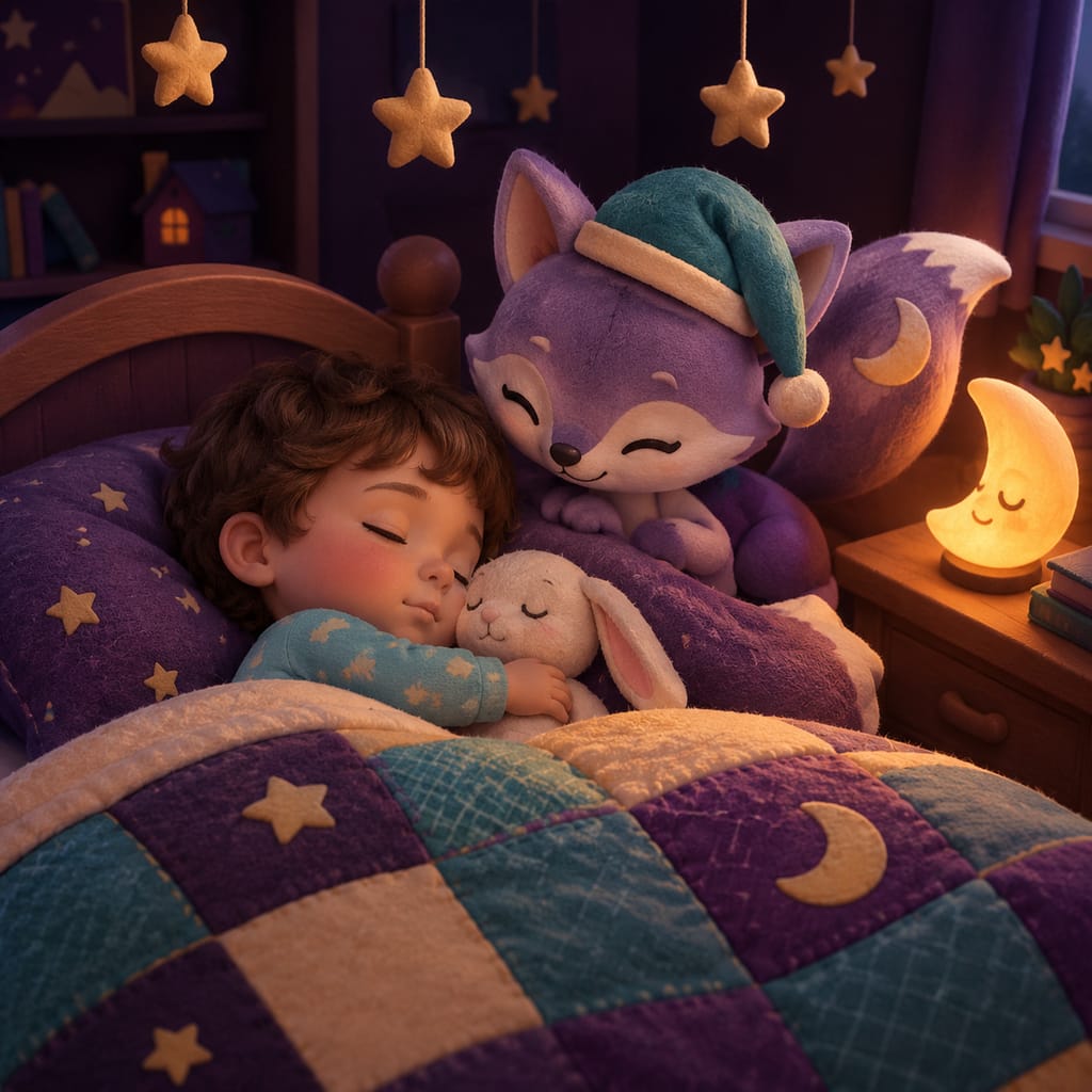 Un acogedor cuarto infantil al amanecer con un pequeño reloj encendido en un estante, una manta mullida y un zorro lavanda con gorro de dormir.