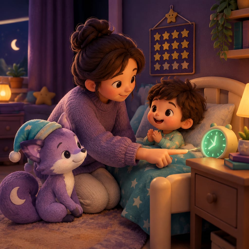 Un niño pequeño en pijama está sentado contento en su cama con un conejito de peluche mientras una suave luz verde del reloj brilla cerca.