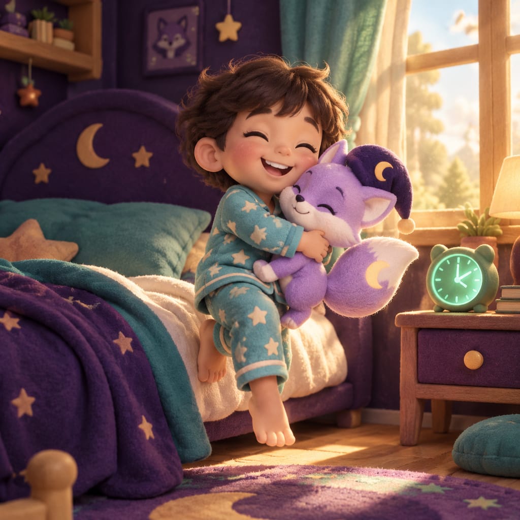 Un tierno zorro lavanda con gorro de dormir y un niño pequeño miran desde la cama por la ventana un amanecer rosa y dorado.