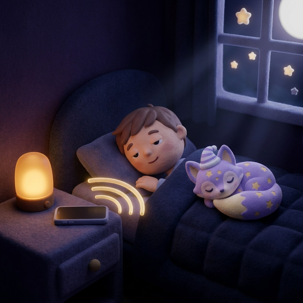 A peaceful bedroom scene at night with a parent placing a glowing speaker on a nightstand while a child drifts off, soft amber light