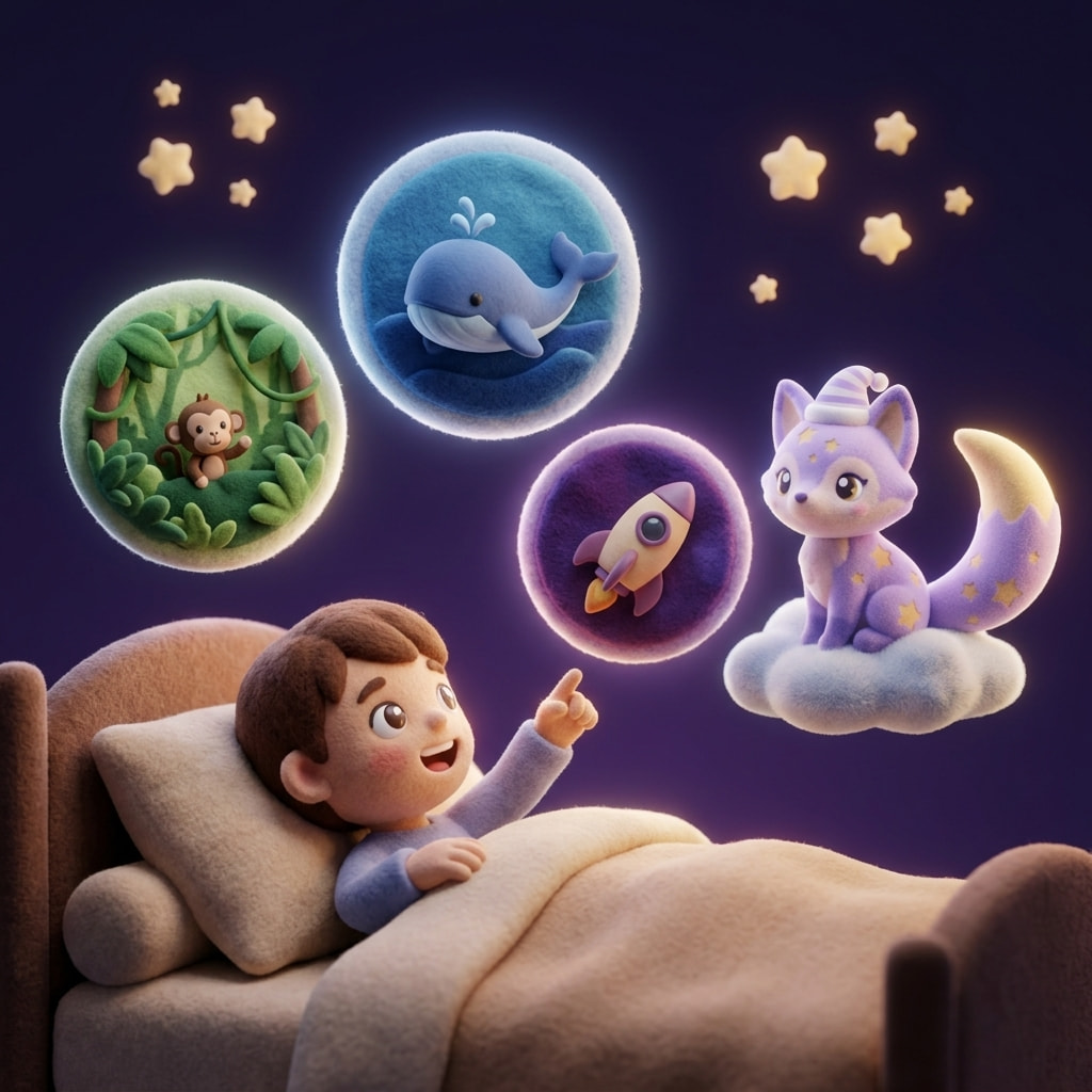 A child fast asleep in a softly lit bedroom while a small speaker glows on the nightstand, deeply peaceful and content