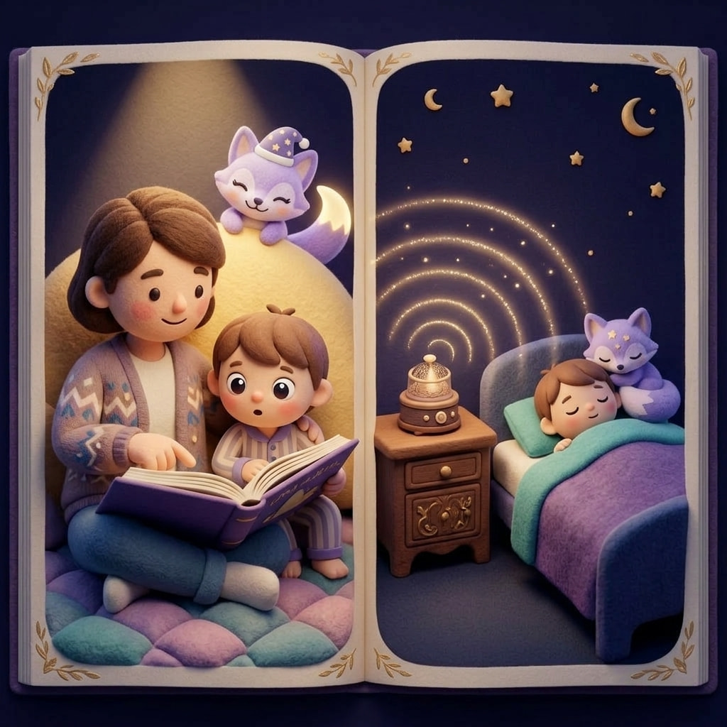 A parent reading a picture book to a child on one side and the same child listening to an audio story in a dim room on the other