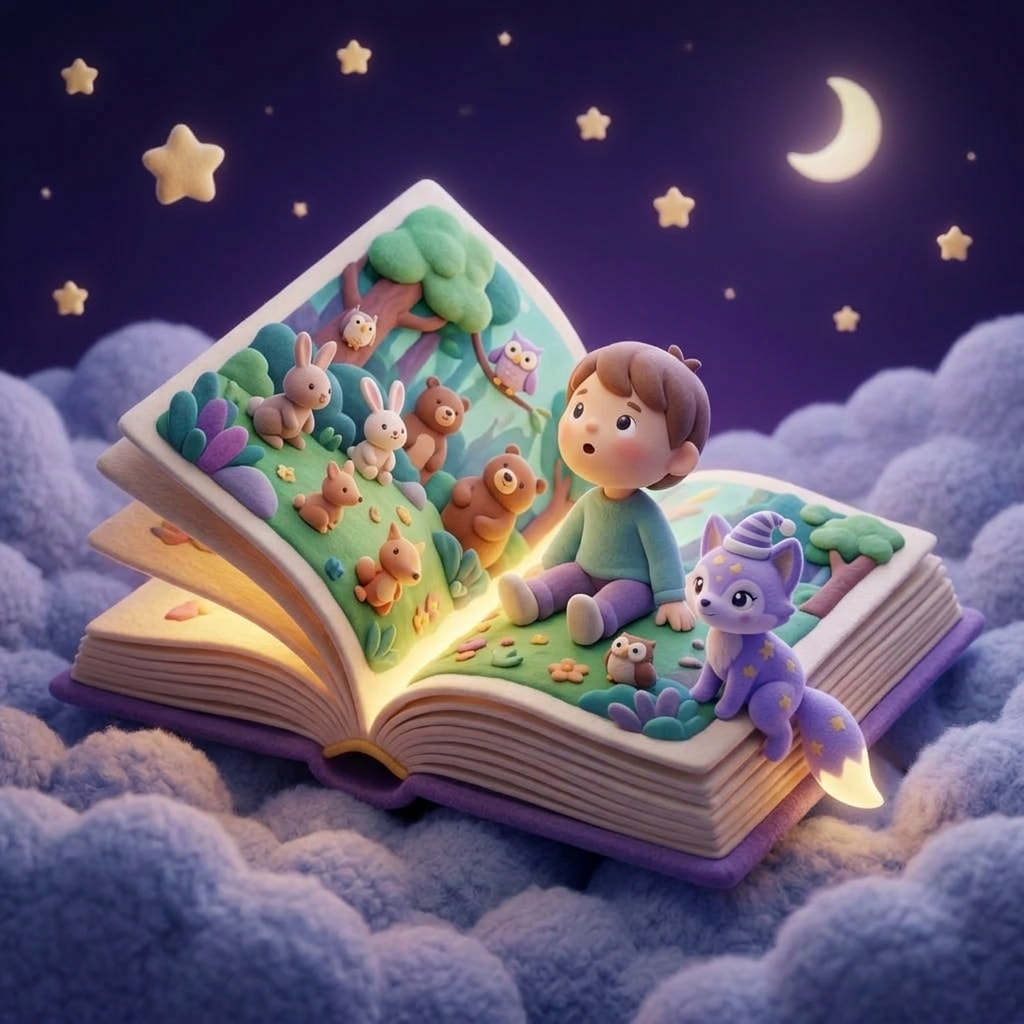 A warm close-up of a parent and child reading a picture book together on a cozy bed, soft lamplight across the pages