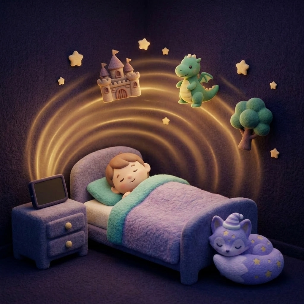A peaceful bedroom at night with a soft glow from a small speaker on the nightstand, a child curled under the duvet with eyes closed