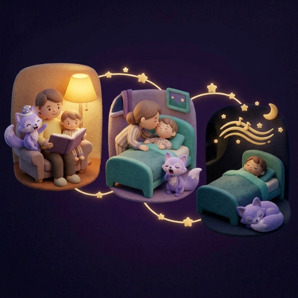 A softly lit illustration showing a child drifting to sleep while a gentle story and calm sleep sounds wash over the room