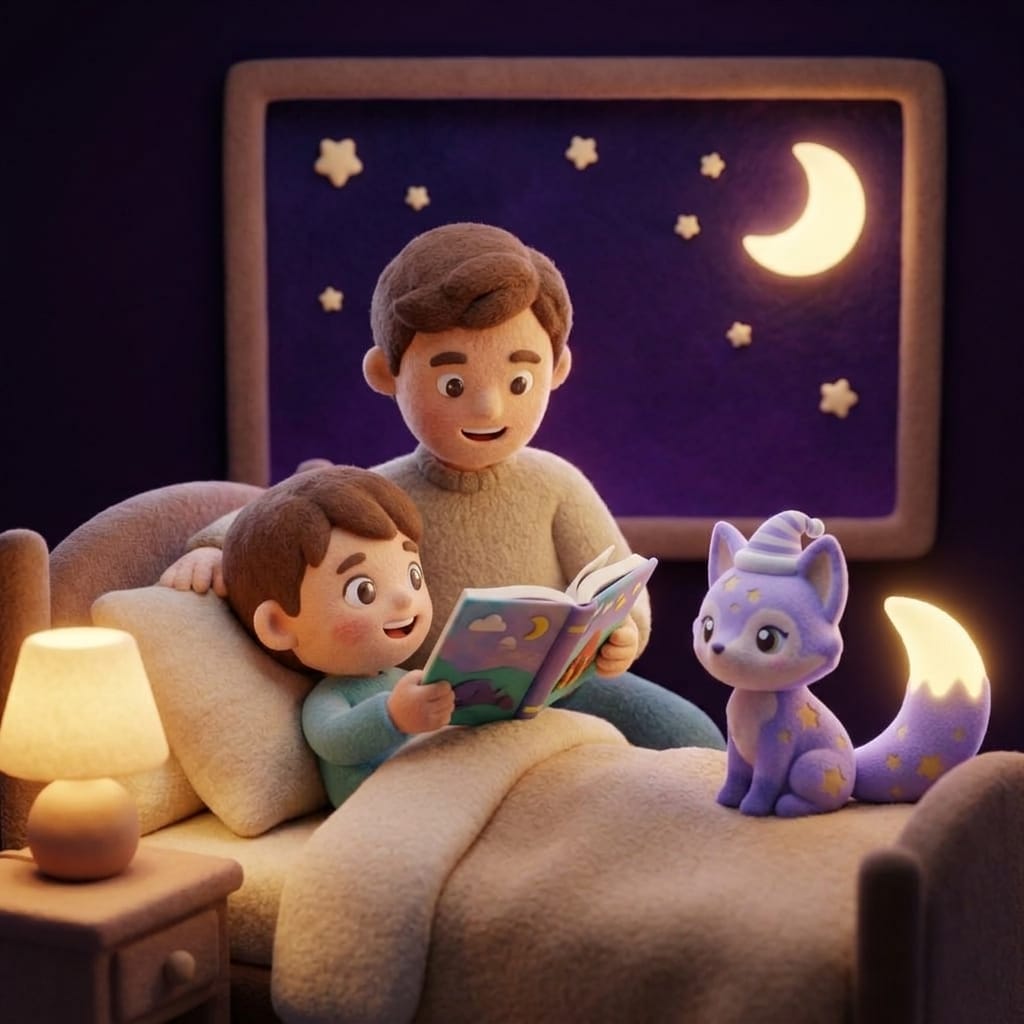 A parent reading a picture book aloud to a small toddler tucked under a soft blanket while Loo the lavender fox listens at the foot of the bed