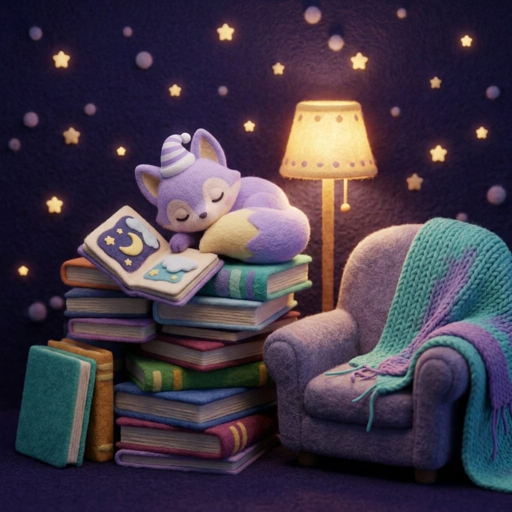 A cozy children's reading nook with a pile of colorful picture books, warm lamplight, and Loo the lavender fox curled up on top of the books