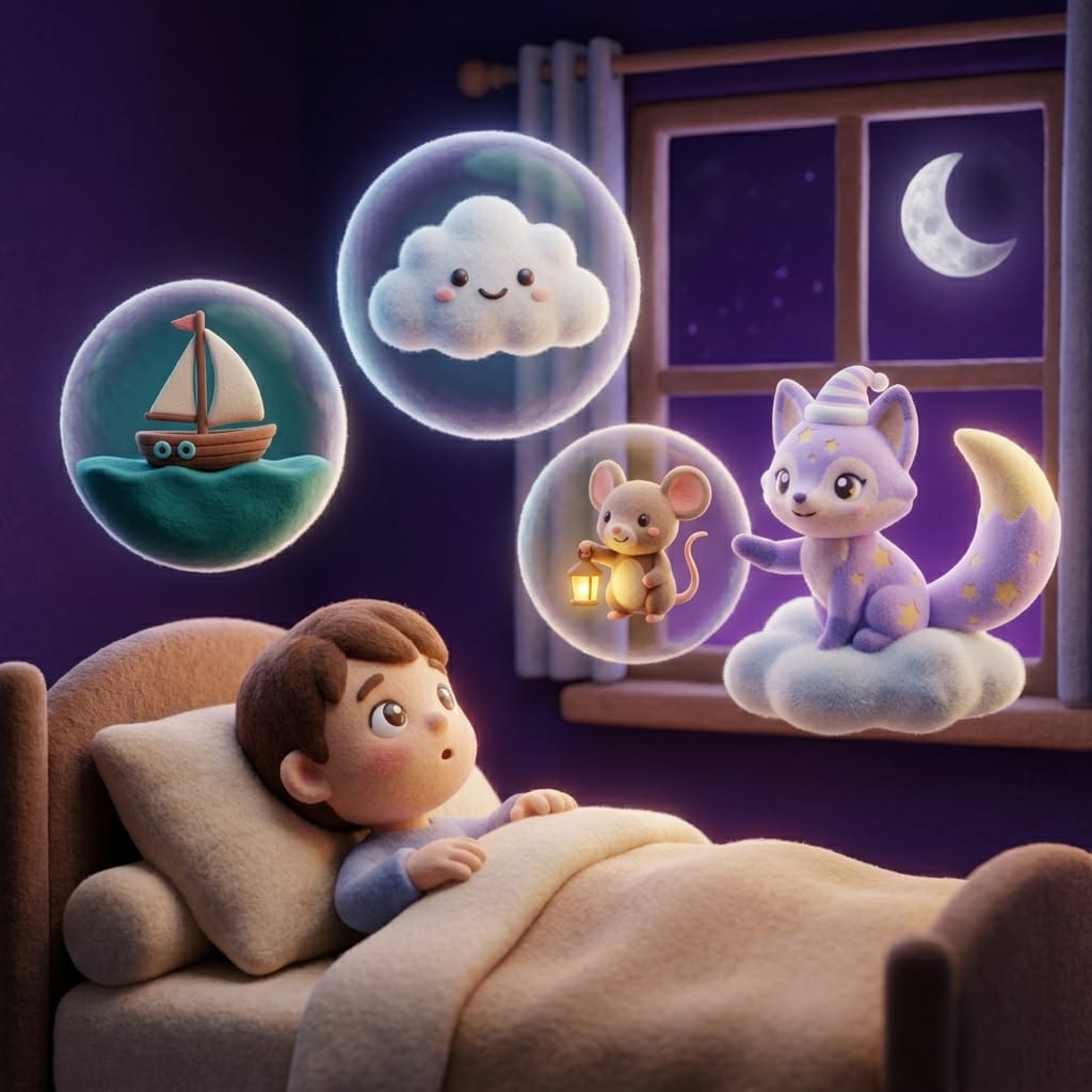 A toddler tucked in bed watching gentle dream bubbles with a small boat, a smiling cloud, and a tiny lantern-carrying mouse, while Loo the lavender fox sits on a small cloud nearby
