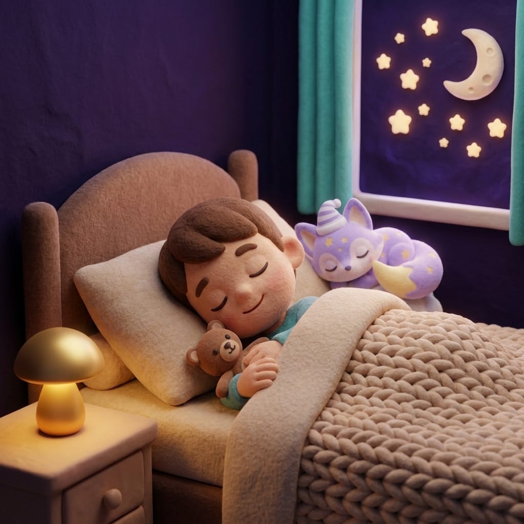 A peacefully sleeping toddler cuddled with a plush teddy while Loo the lavender fox curls asleep on the pillow beside them under a softly starlit purple sky