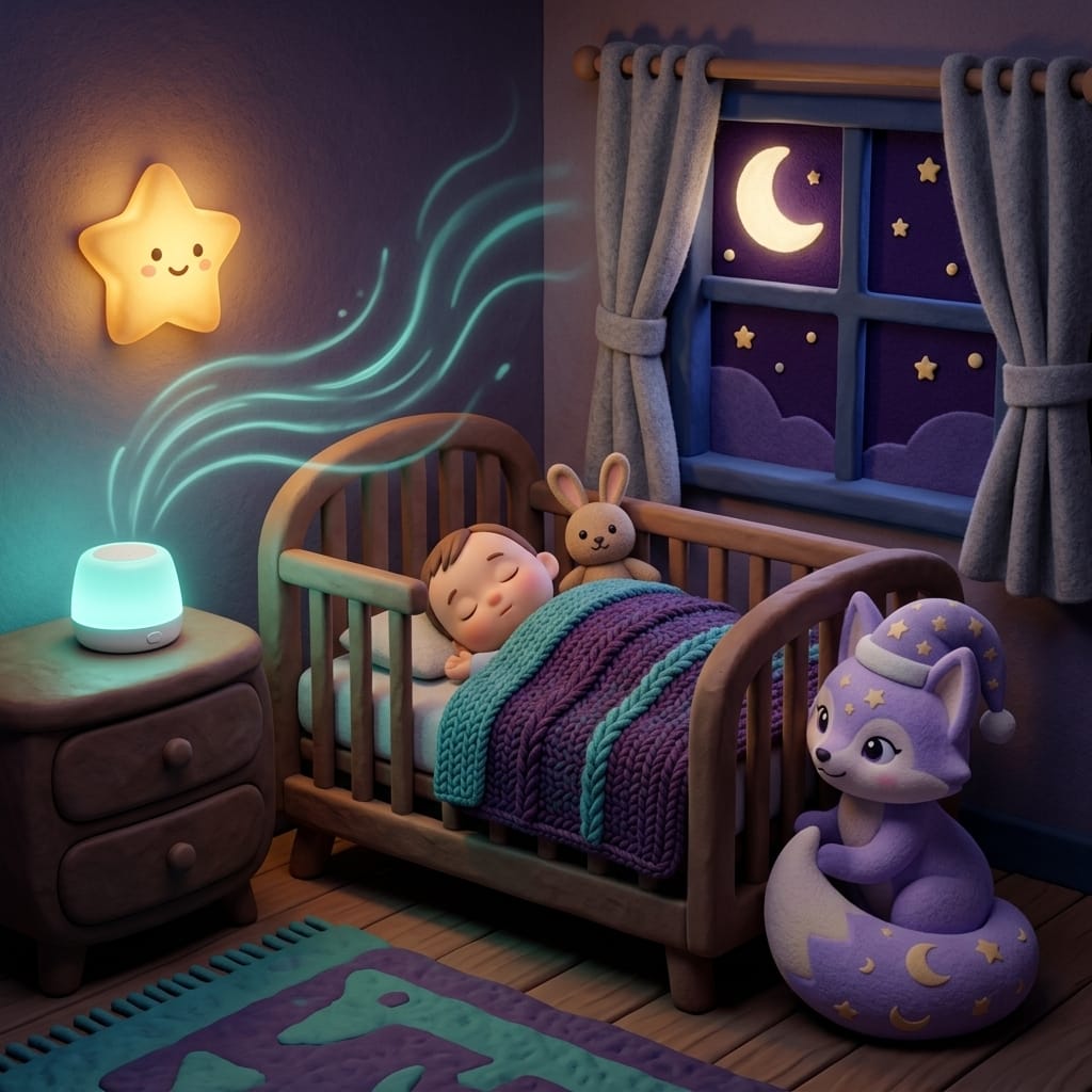 A peacefully sleeping baby in a cozy wooden crib with a small white noise machine glowing softly nearby, Loo the lavender fox watching over