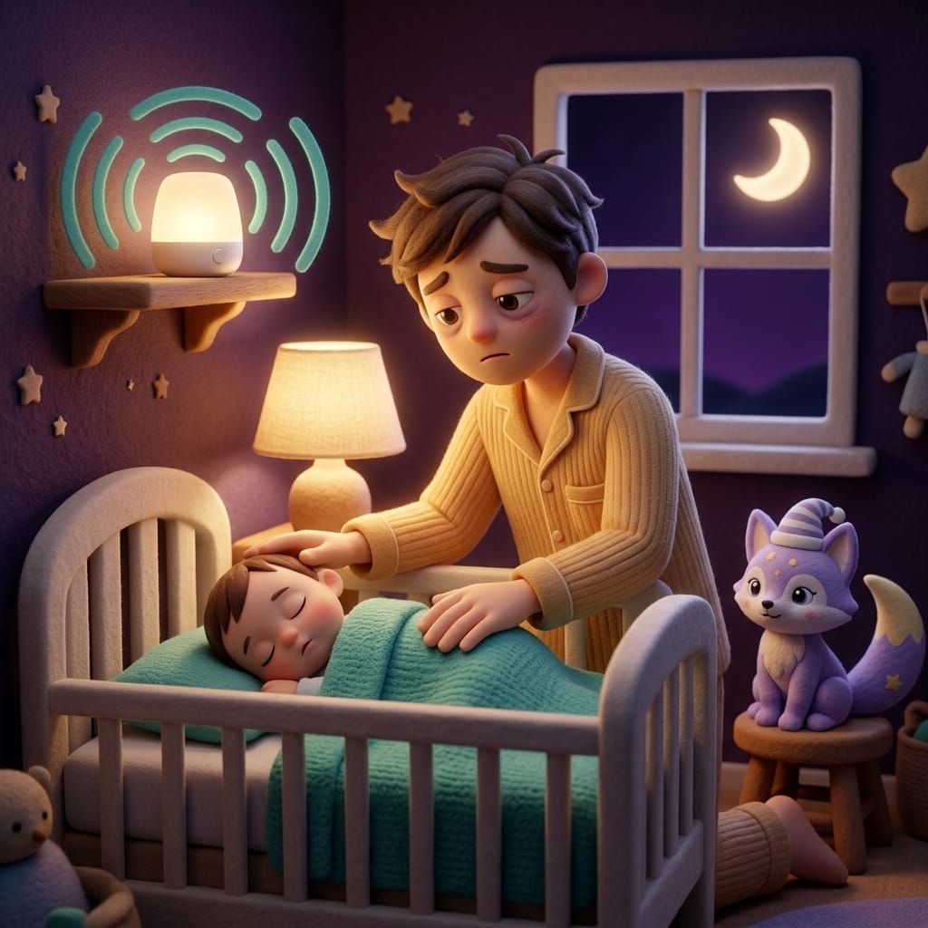 A tired parent in soft pajamas gently checking on a sleeping baby in a crib with a small white noise machine glowing warmly on a shelf nearby