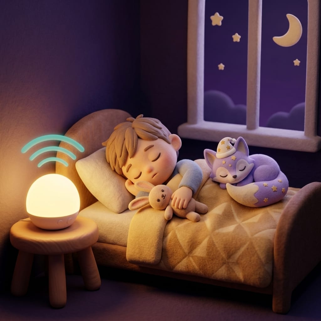 A toddler asleep in a cozy bed with a plush bunny, a small white noise machine glowing on the bedside table, and Loo the lavender fox curled on the pillow