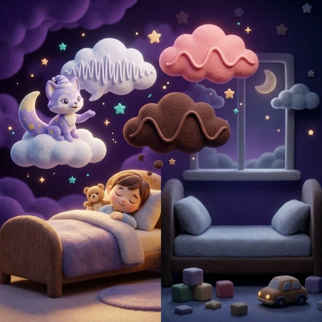A dreamy illustration of three sound-wave clouds in white, pink, and brown floating above a sleeping child with Loo the lavender fox thoughtfully perched on one of the clouds